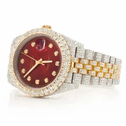 Date just Style Two-Tone Full Iced Automatic Chronograph Watch Yellow Gold & Silver Stainless Steel Ruby Red Diamond Dial