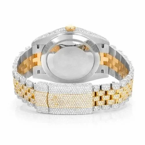 Datejust Style Two-Tone Full Iced Automatic Chronograph Watch Yellow Gold & Silver Stainless Steel White Diamond Dial