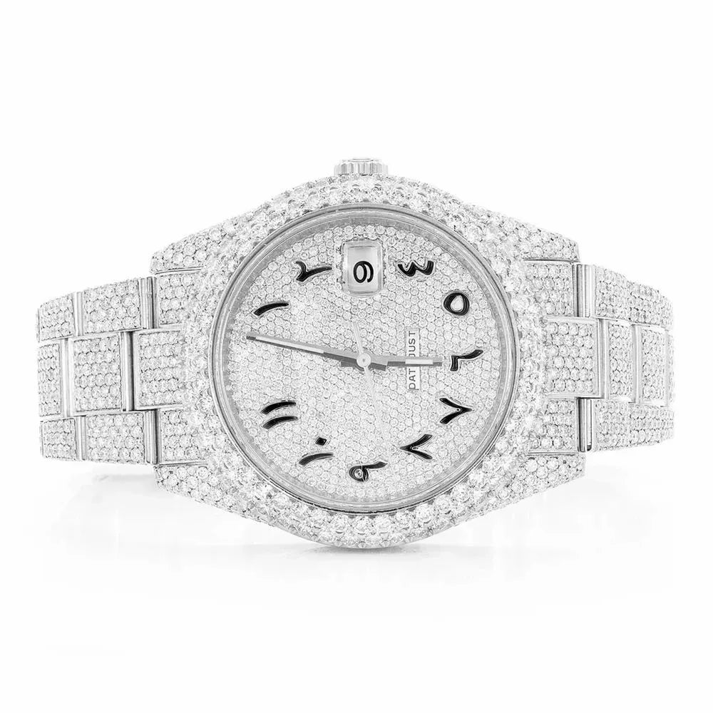 Day-Date Style Full Iced Automatic Chronograph Watch Silver Stainless Steel with Ice White Arabic Dial