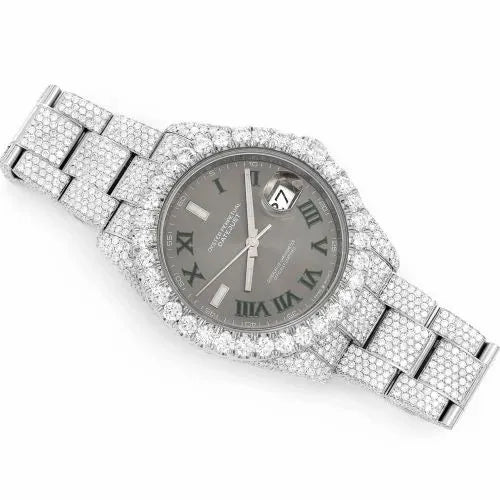 Day-Date Style Full Iced Automatic Chronograph Watch Silver Stainless Steel with Slate Grey Roman Dial