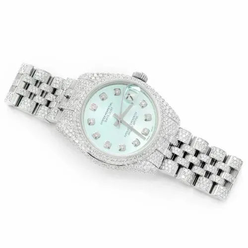 Datejust Style Full Iced Automatic Chronograph Watch Silver Stainless Steel with Ice Blue Diamond Dial