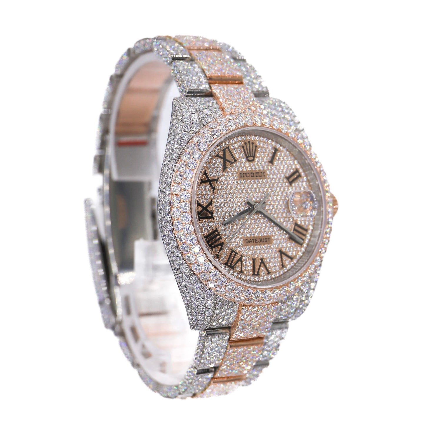 Day-Date Style Two-Tone Full Iced Automatic Chronograph Watch Rose Gold & Silver Stainless Steel Roman Dial