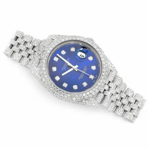 Datejust Style Full Iced Automatic Chronograph Watch Silver Stainless Steel with Royal Blue Diamond Dial