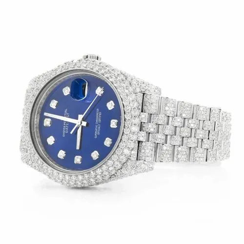 Datejust Style Full Iced Automatic Chronograph Watch Silver Stainless Steel with Royal Blue Diamond Dial