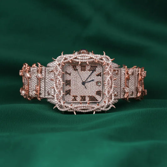 Hip Hop Rose Gold Spiked Fully Iced Square Watch Roman Numeral Dial Luxury Custom Statement Timepiece
