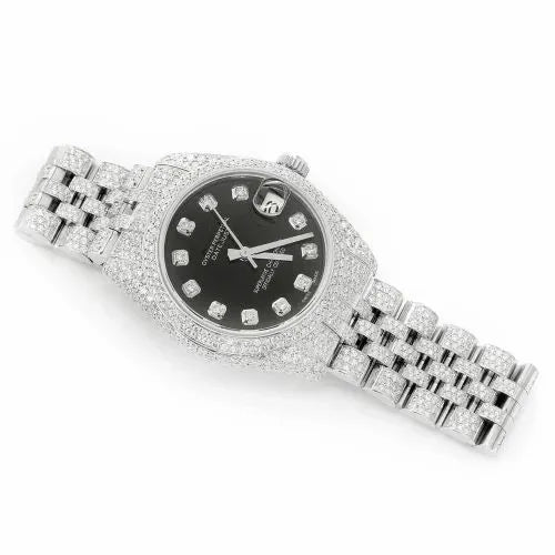 Datejust Style Full Iced Automatic Chronograph Watch Silver Stainless Steel with Black Diamond Dial