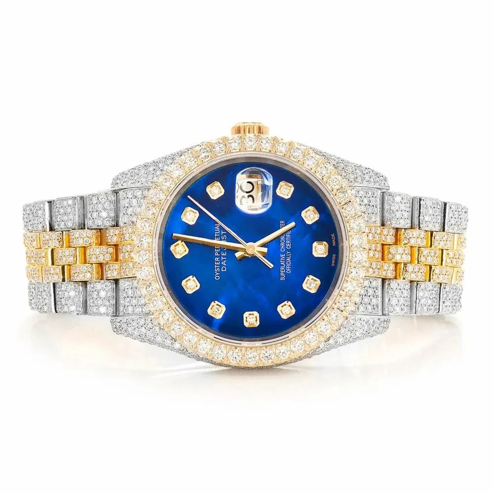 Datejust Style Two-Tone Full Iced Automatic Chronograph Watch Yellow Gold & Silver Stainless Steel Royal Blue Diamond Dial