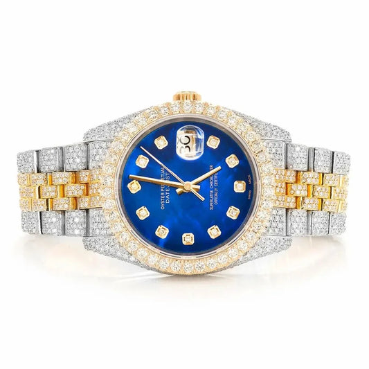 Datejust Style Two-Tone Full Iced Automatic Chronograph Watch Yellow Gold & Silver Stainless Steel Royal Blue Diamond Dial