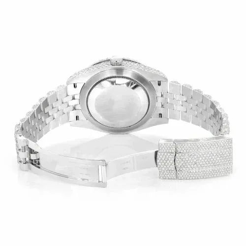 Datejust Style Full Iced Automatic Chronograph Watch Silver Stainless Steel with Royal Blue Diamond Dial