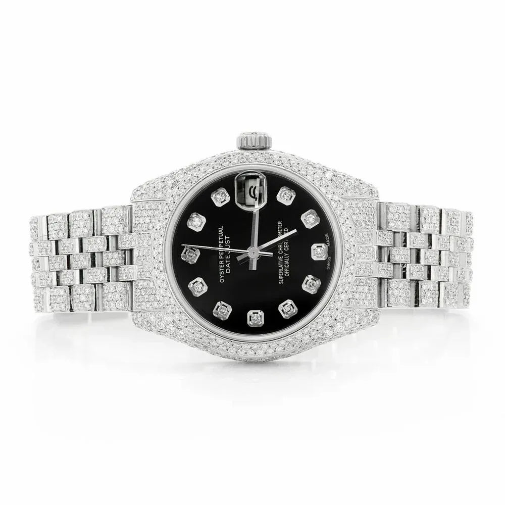 Datejust Style Full Iced Automatic Chronograph Watch Silver Stainless Steel with Black Diamond Dial