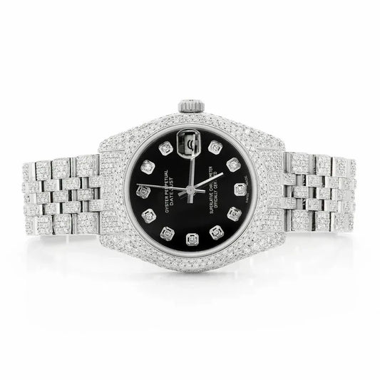 Datejust Style Full Iced Automatic Chronograph Watch Silver Stainless Steel with Black Diamond Dial