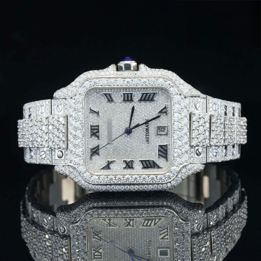 Roman Dial Iced Out Automatic Moissanite Watch for Men – Luxury VVS Diamond Bustdown Bling Watch with Timeless Design