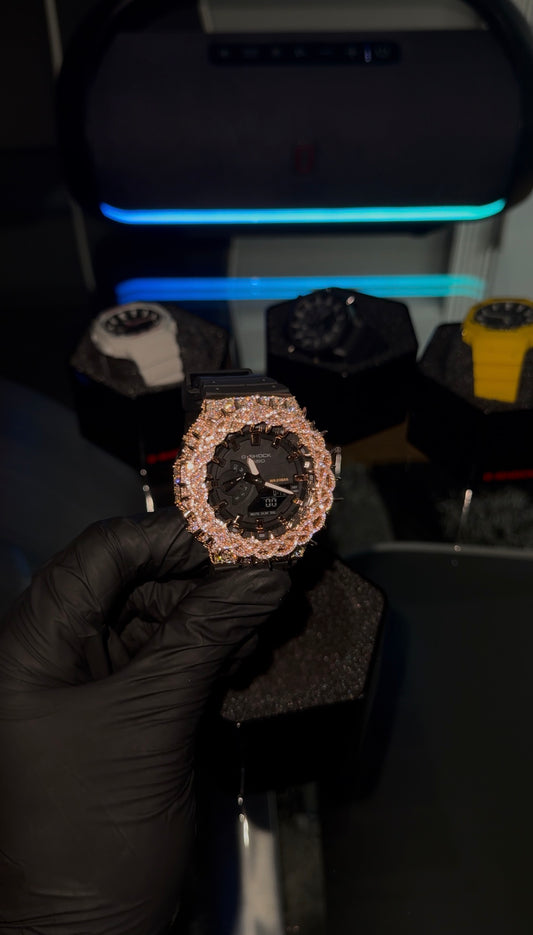 Rose gold iced out G shock￼