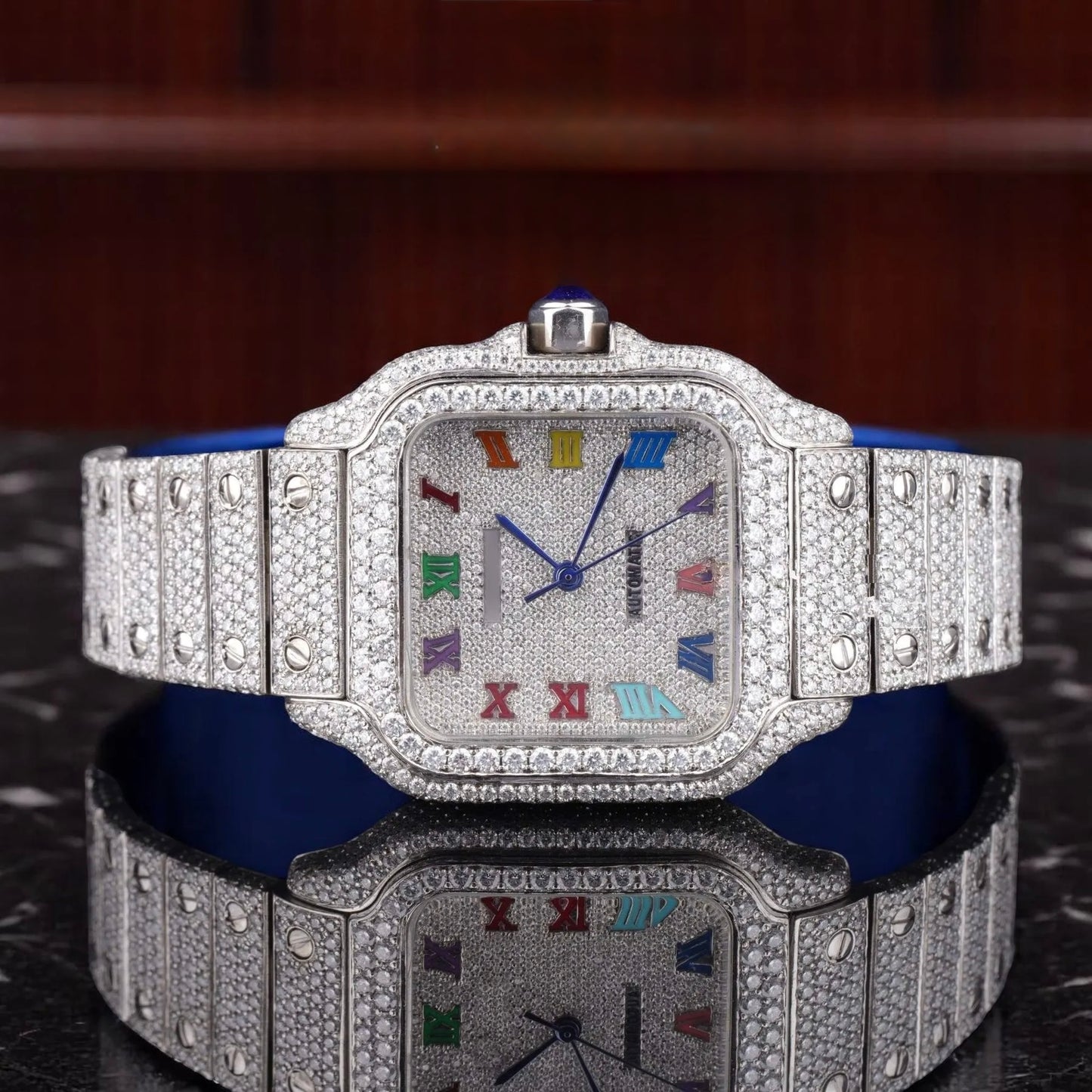 Luxury Full Iced Automatic Square Watch Stainless Steel Silver Tone Roman Dial Sapphire Crystal Waterproof Timepiece