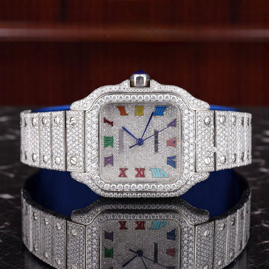 Luxury Full Iced Automatic Square Watch Stainless Steel Silver Tone Roman Dial Sapphire Crystal Waterproof Timepiece