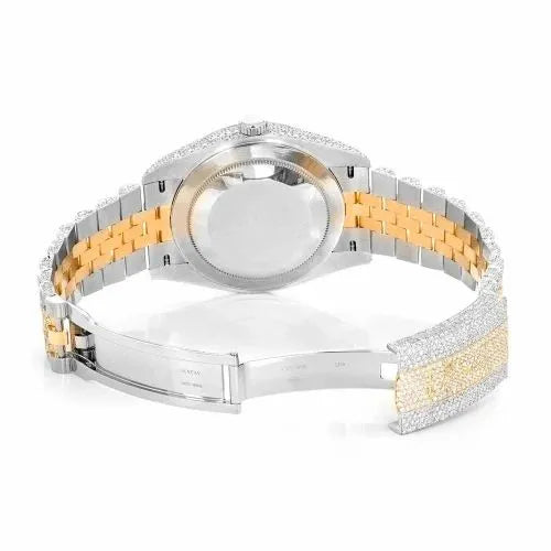 Datejust Style Two-Tone Full Iced Automatic Chronograph Watch Yellow Gold & Silver Stainless Steel White Diamond Dial