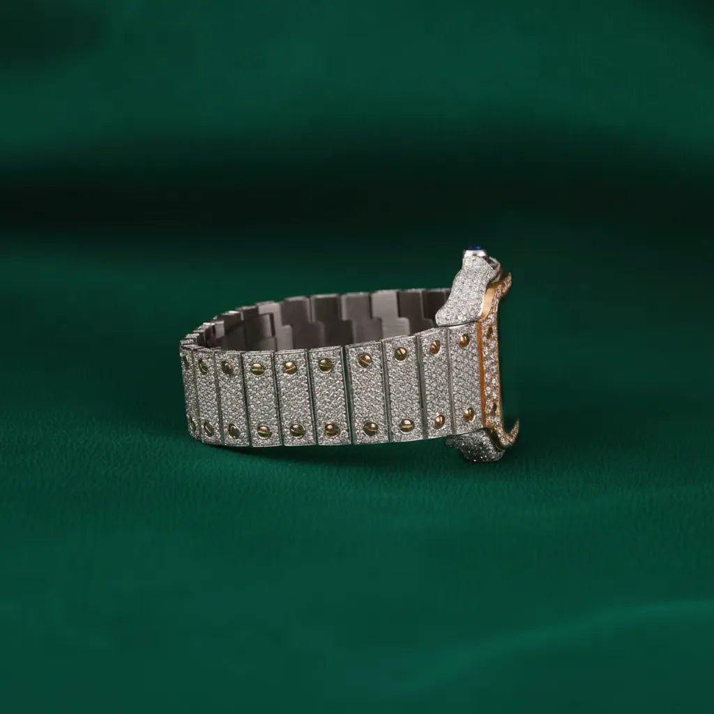 Santos–Style Two-Tone Fully Iced Skeleton Square Watch Diamond Bezel Luxury Automatic Timepiece