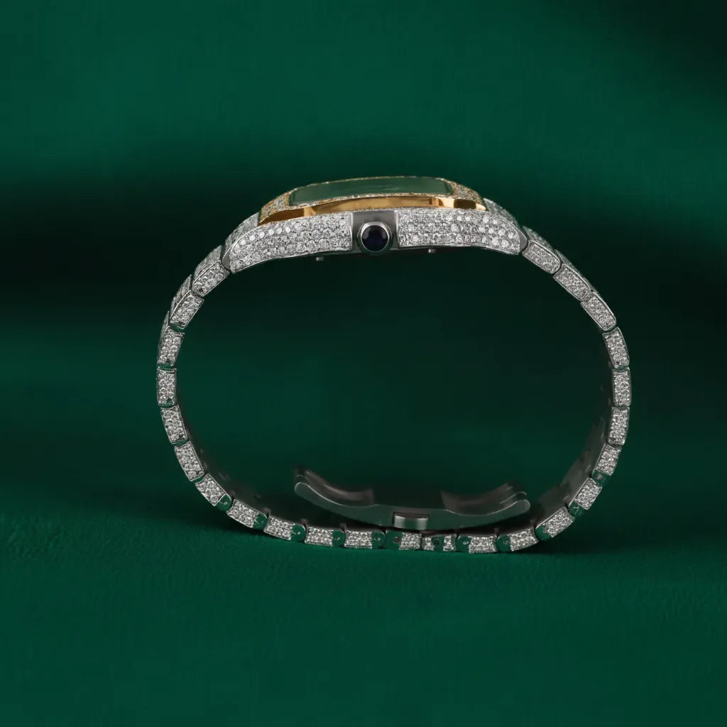 Santos–Style Two-Tone Fully Iced Skeleton Square Watch Diamond Bezel Luxury Automatic Timepiece