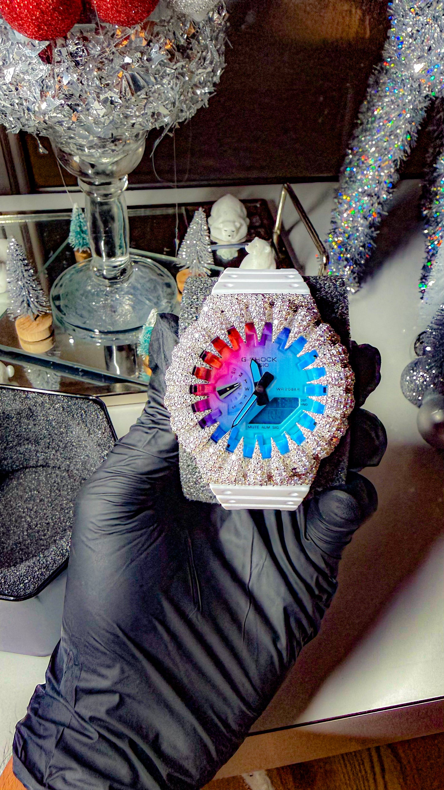 Custom Rainbow Dial Moissanite G-Shock GA-2100 | Iced Out spiked Bezel