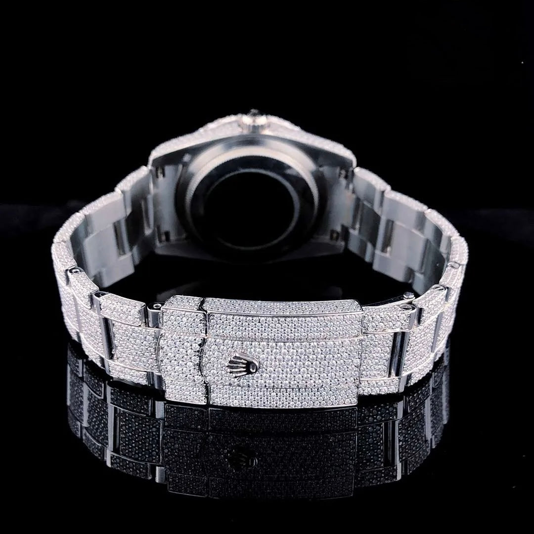 Day-Date Style Full Iced Automatic Chronograph Watch Silver Stainless Steel with Emerald Green Roman Dial