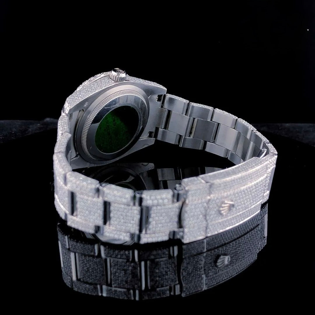 Day-Date Style Full Iced Automatic Chronograph Watch Silver Stainless Steel with Emerald Green Roman Dial