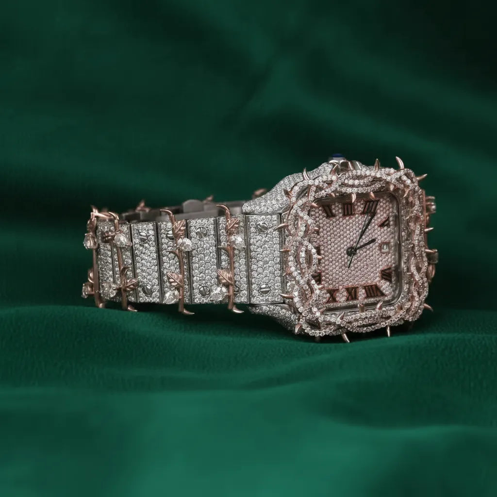 Hip Hop Rose Gold Spiked Fully Iced Square Watch Roman Numeral Dial Luxury Custom Statement Timepiece