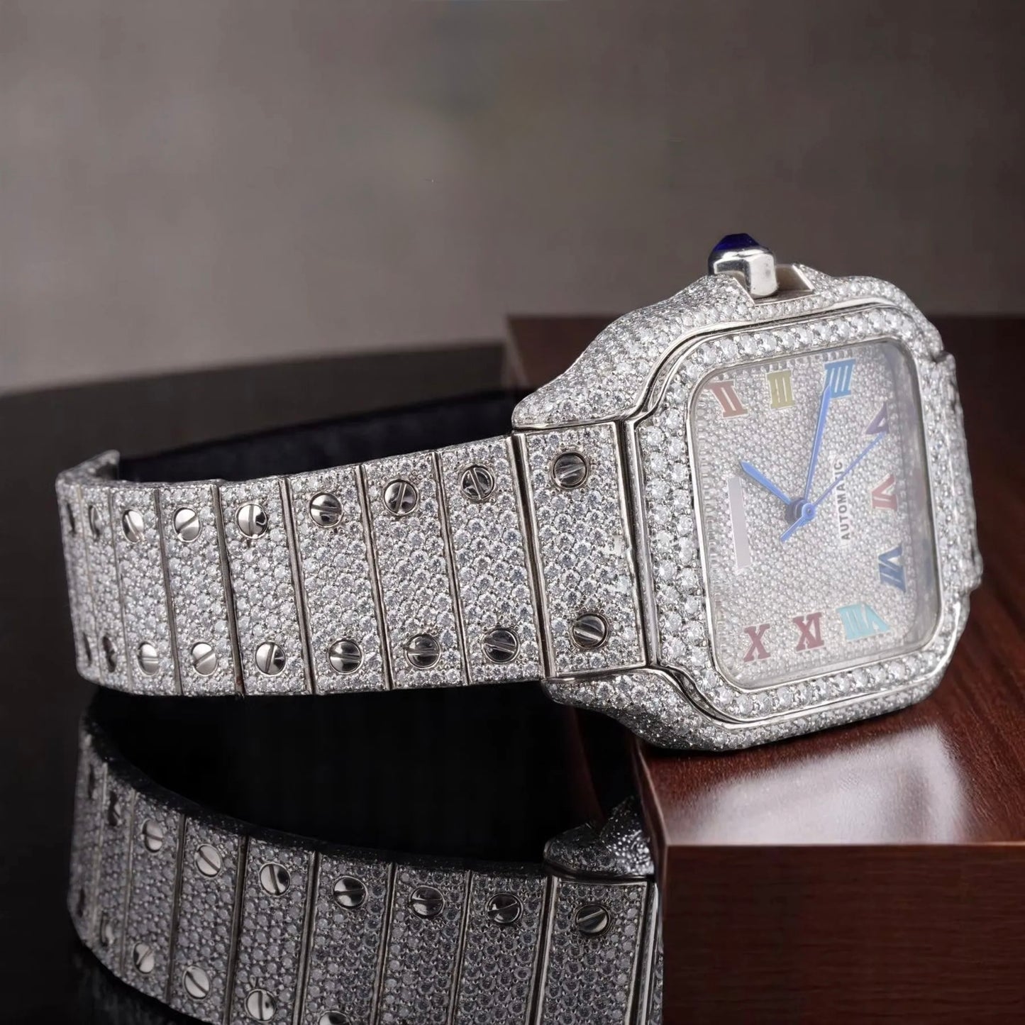 Luxury Full Iced Automatic Square Watch Stainless Steel Silver Tone Roman Dial Sapphire Crystal Waterproof Timepiece