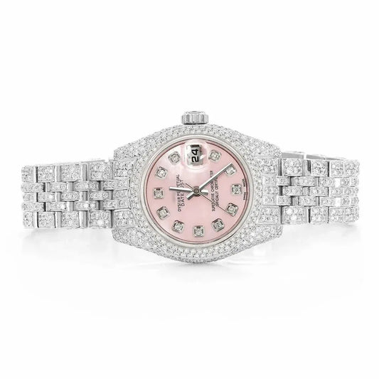 Datejust Style Full Iced Automatic Chronograph Watch Silver Stainless Steel with Pink Diamond Dial