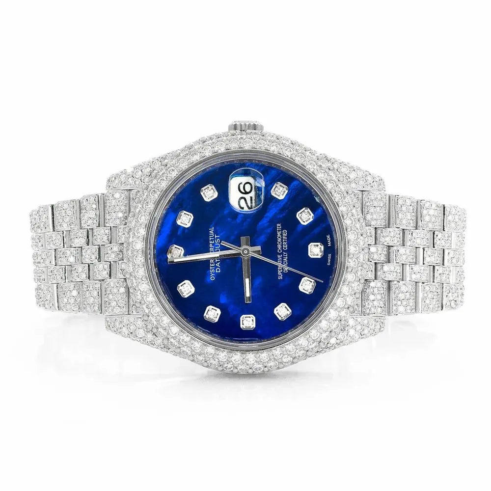 Datejust Style Full Iced Automatic Chronograph Watch Silver Stainless Steel with Royal Blue Diamond Dial
