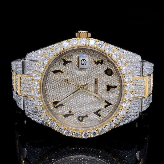 Luxury Two-Tone Fully Iced Automatic Stainless Steel Watch Arabic Numeral Dial Diamond Bezel Premium