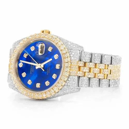 Datejust Style Two-Tone Full Iced Automatic Chronograph Watch Yellow Gold & Silver Stainless Steel Royal Blue Diamond Dial