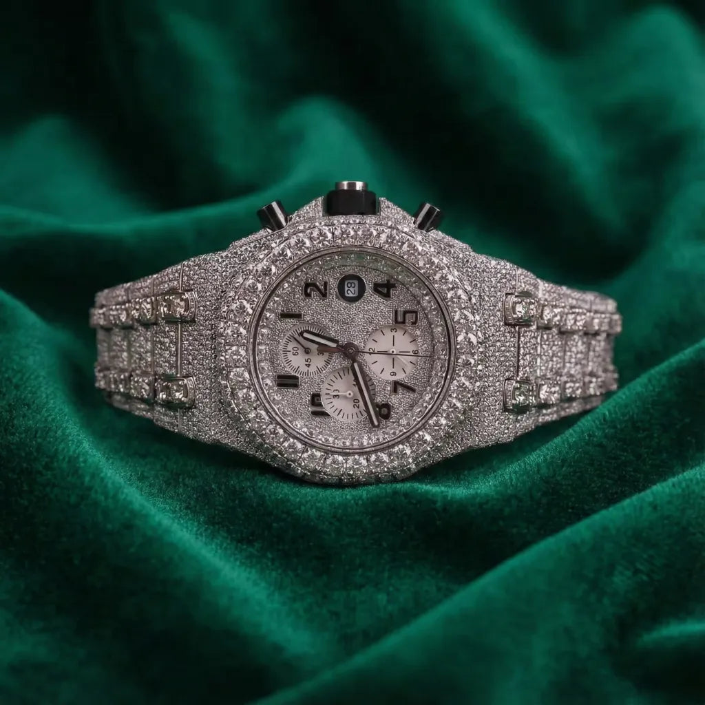 Royal Oak Offshore–Inspired Fully Iced Automatic Chronograph Watch Silver Pavé Dial