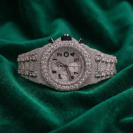 Royal Oak Offshore–Inspired Fully Iced Automatic Chronograph Watch Silver Pavé Dial