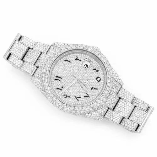 Day-Date Style Full Iced Automatic Chronograph Watch Silver Stainless Steel with Ice White Arabic Dial