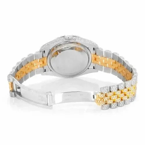 Datejust Style Two-Tone Full Iced Automatic Chronograph Watch Yellow Gold & Silver Stainless Steel Royal Blue Diamond Dial