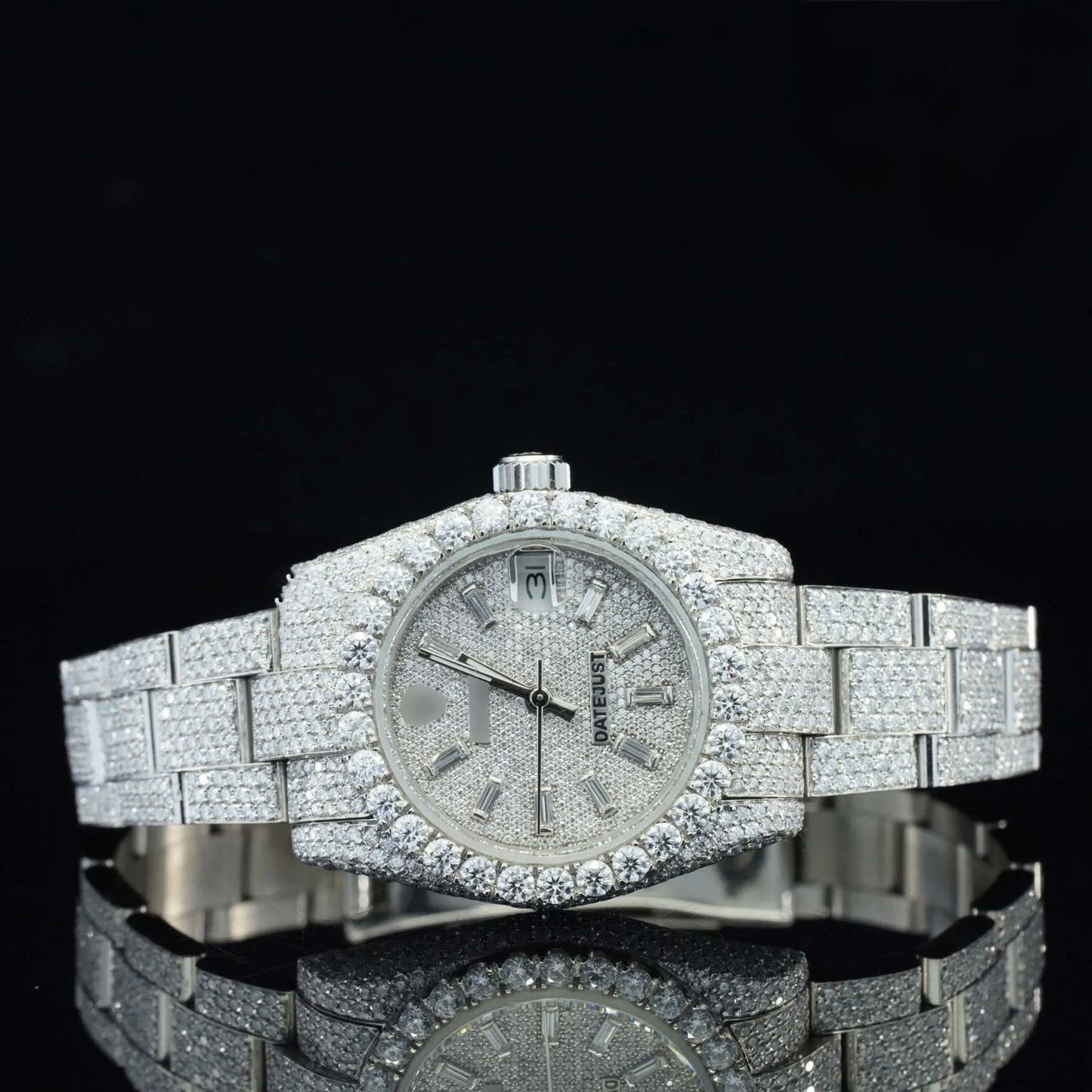 Day-Date Style Full Iced Automatic Chronograph Watch Silver Stainless Steel with Ice White Roman Dial