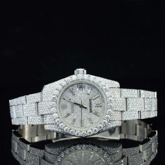 Day-Date Style Full Iced Automatic Chronograph Watch Silver Stainless Steel with Ice White Roman Dial