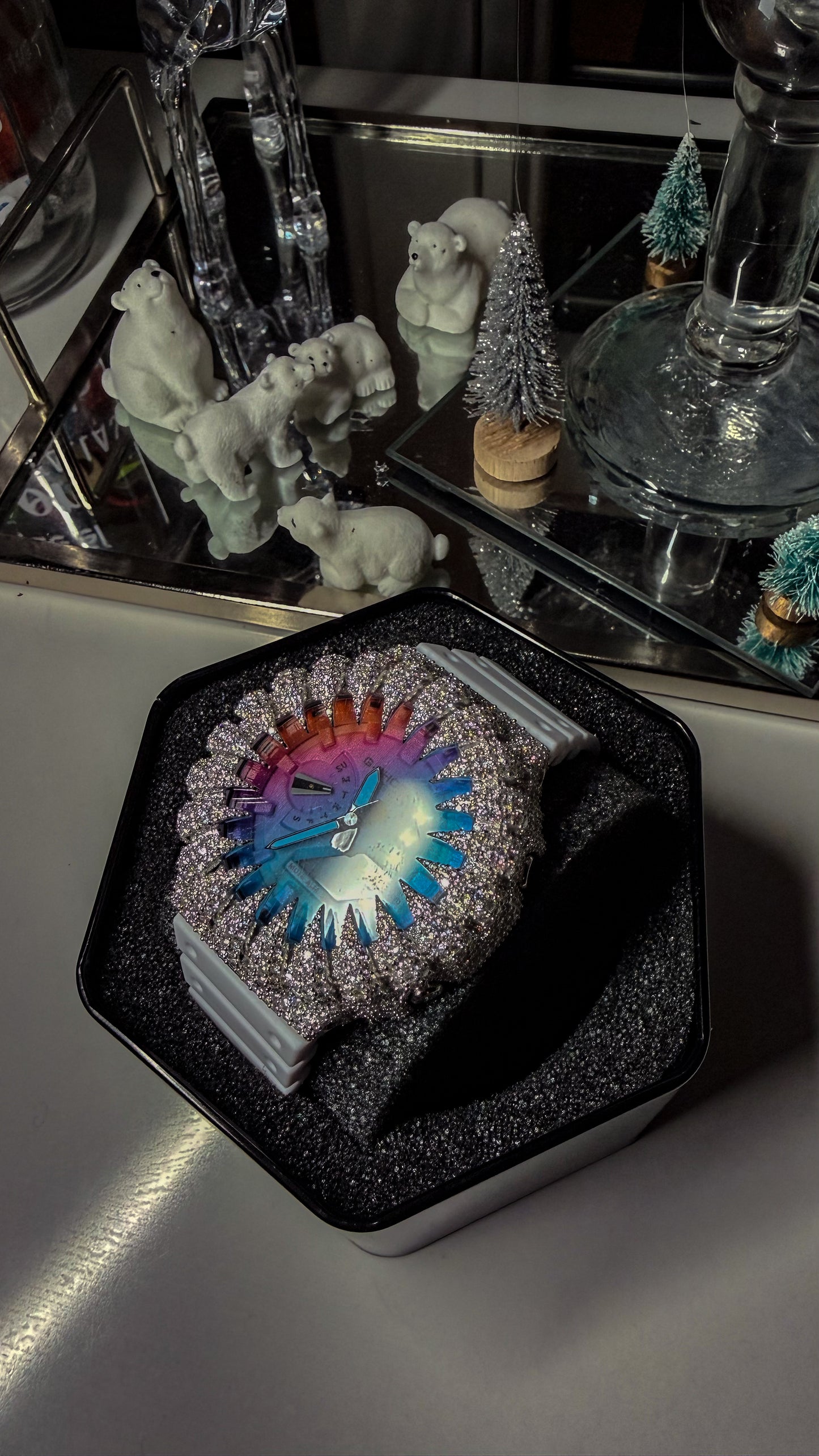 Custom Rainbow Dial Moissanite G-Shock GA-2100 | Iced Out spiked Bezel