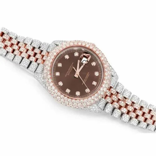 Datejust Style Two-Tone Full Iced Automatic Chronograph Watch Rose Gold & Silver Stainless Steel Chocolate Diamond Dial