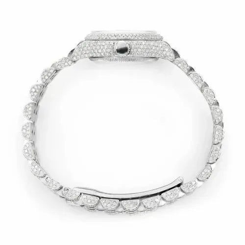 Datejust Style Full Iced Automatic Chronograph Watch Silver Stainless Steel with Pink Diamond Dial