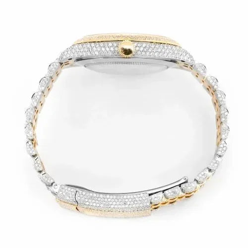 Datejust Style Two-Tone Full Iced Automatic Chronograph Watch Yellow Gold & Silver Stainless Steel White Diamond Dial