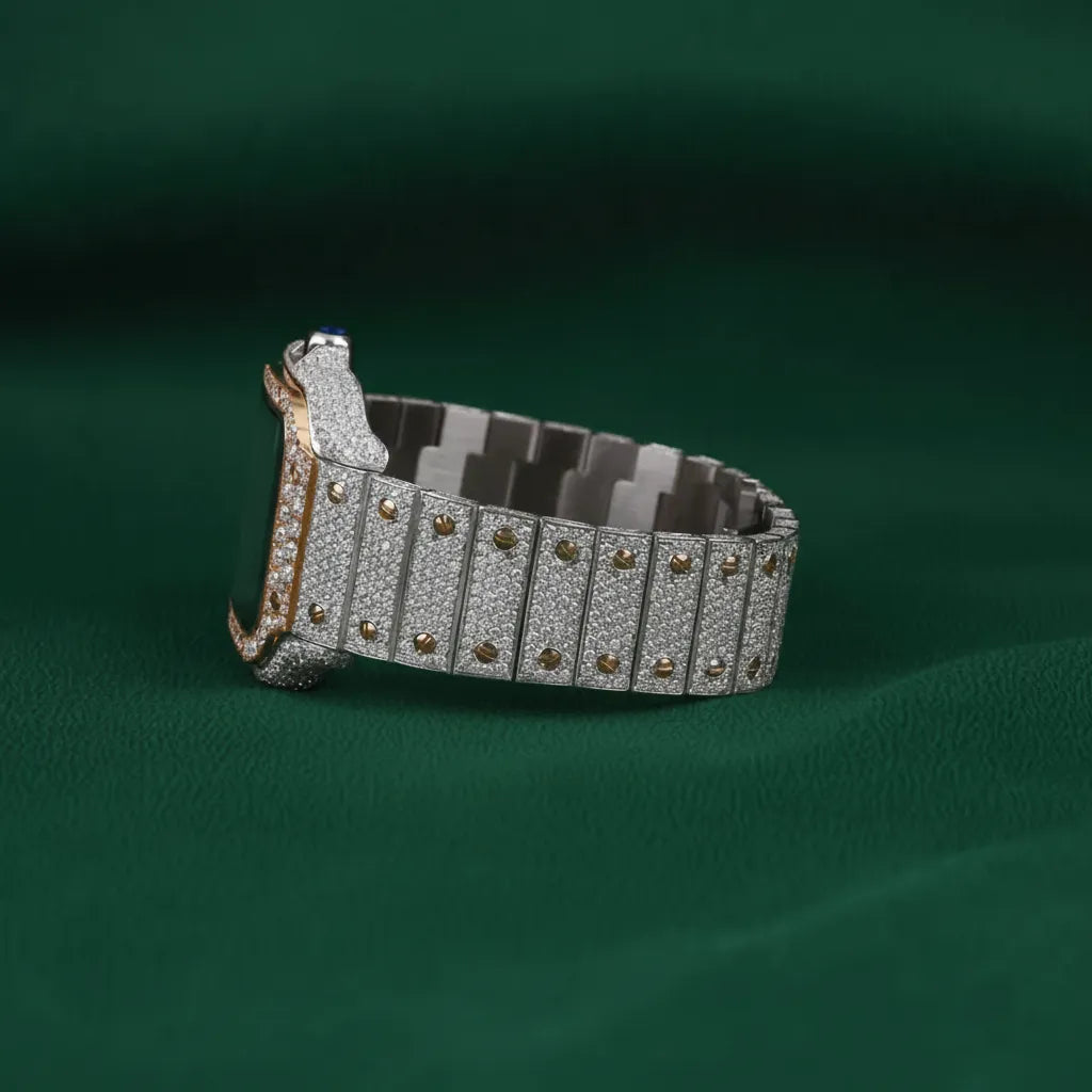 Santos–Style Two-Tone Fully Iced Skeleton Square Watch Diamond Bezel Luxury Automatic Timepiece