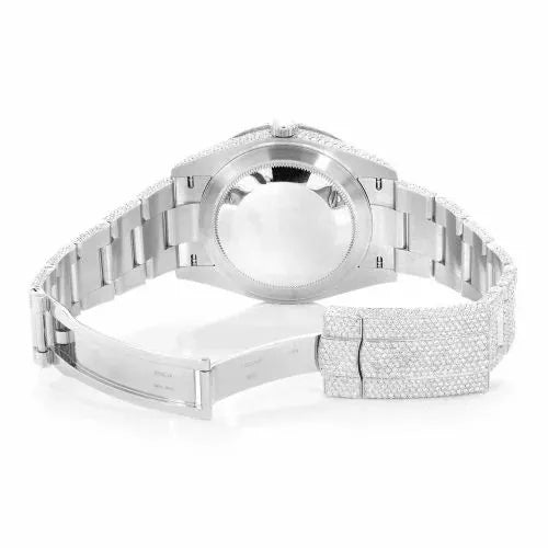 Day-Date Style Full Iced Automatic Chronograph Watch Silver Stainless Steel with Ice White Arabic Dial