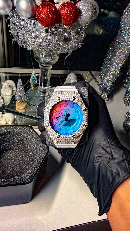 Custom Rainbow Dial Moissanite G-Shock GA-2100 | Iced AP Bezel