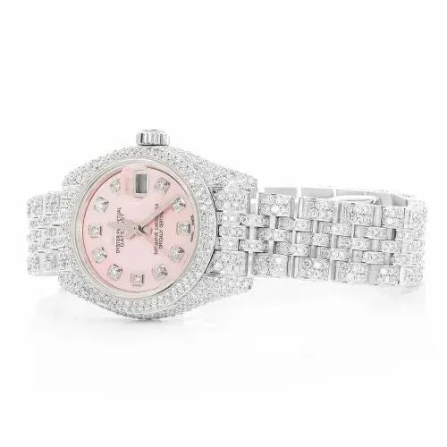 Datejust Style Full Iced Automatic Chronograph Watch Silver Stainless Steel with Pink Diamond Dial