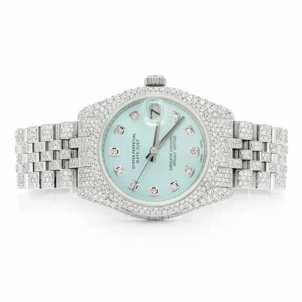 Datejust Style Full Iced Automatic Chronograph Watch Silver Stainless Steel with Ice Blue Diamond Dial