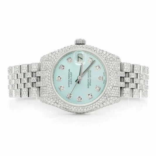 Datejust Style Full Iced Automatic Chronograph Watch Silver Stainless Steel with Ice Blue Diamond Dial