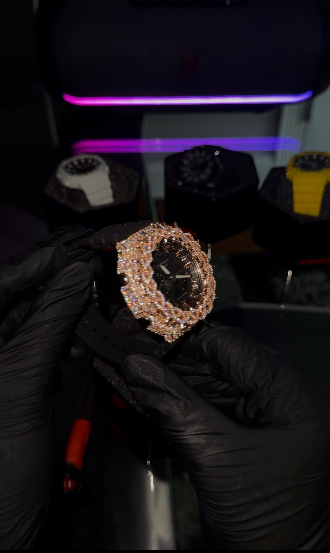 Rose gold iced out G shock￼