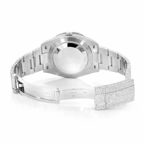 Day-Date Style Full Iced Automatic Chronograph Watch Silver Stainless Steel with Slate Grey Roman Dial