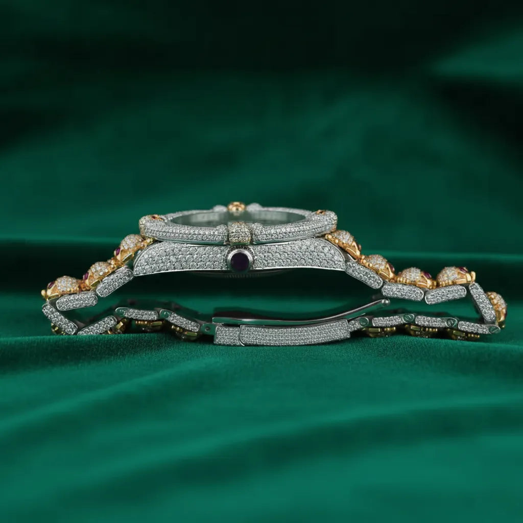 Luxury Fully Iced Automatic Stainless Steel Watch Decorative Bracelet Pavé Diamond-Look Statement Timepiece